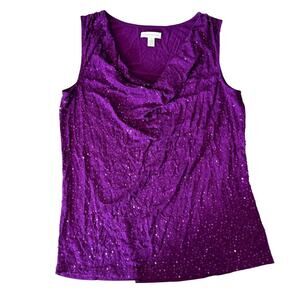 Ladies Charter Club Party Wear Purple Sequin Drape Neck Sleeveless Knit Top Med